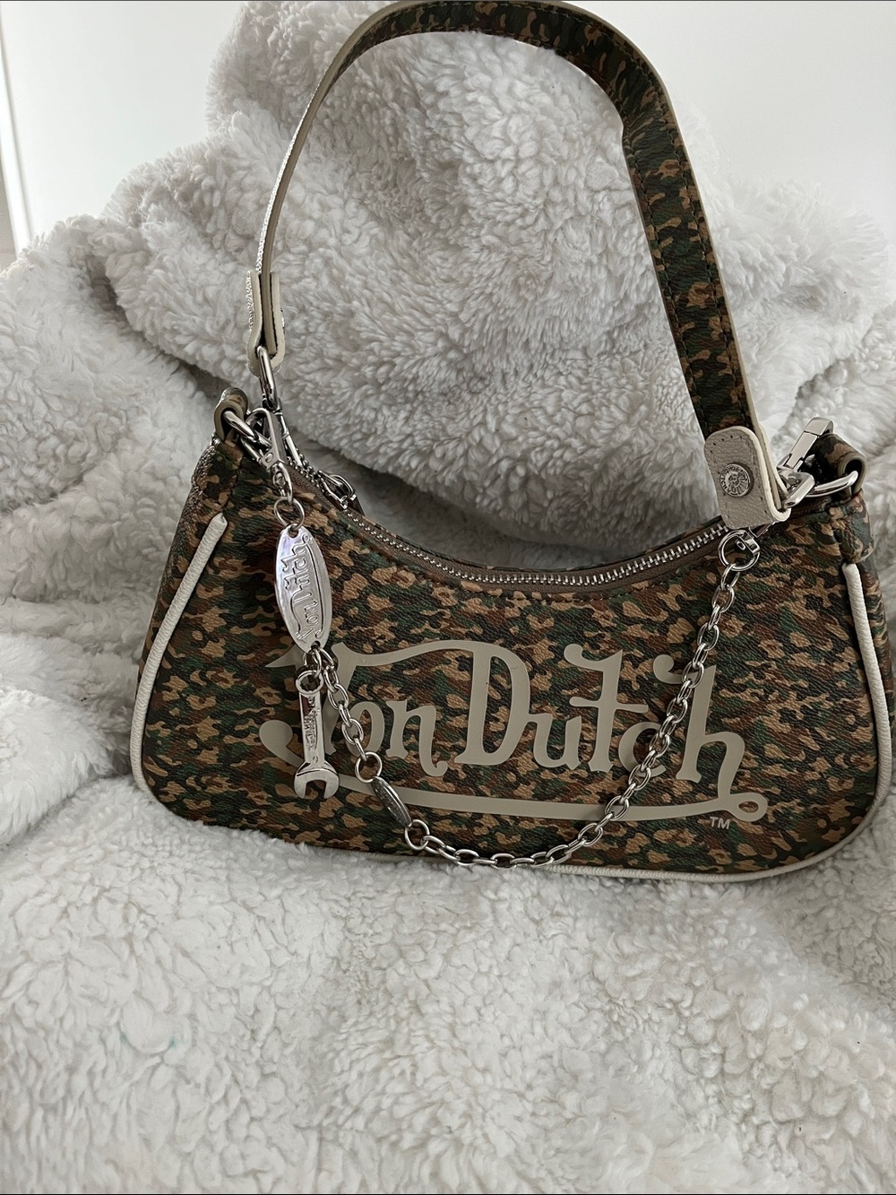 Von Dutch Camouflage Shoulder Bag with Silver Chain Accents